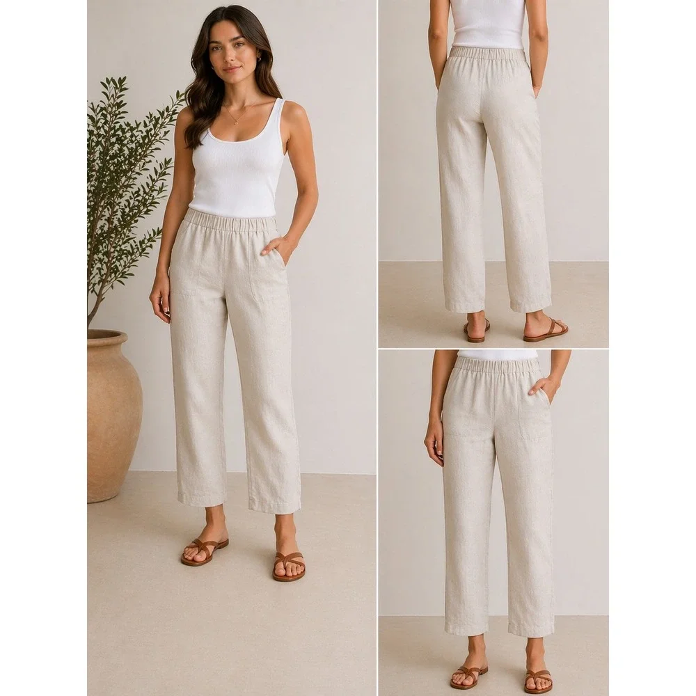 Quince 100% Linen Pants XS Beige Elastic Waist Straight Leg Summer Minimalist